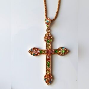Betsey Johnson Crystal Multicolored  Cross Necklace